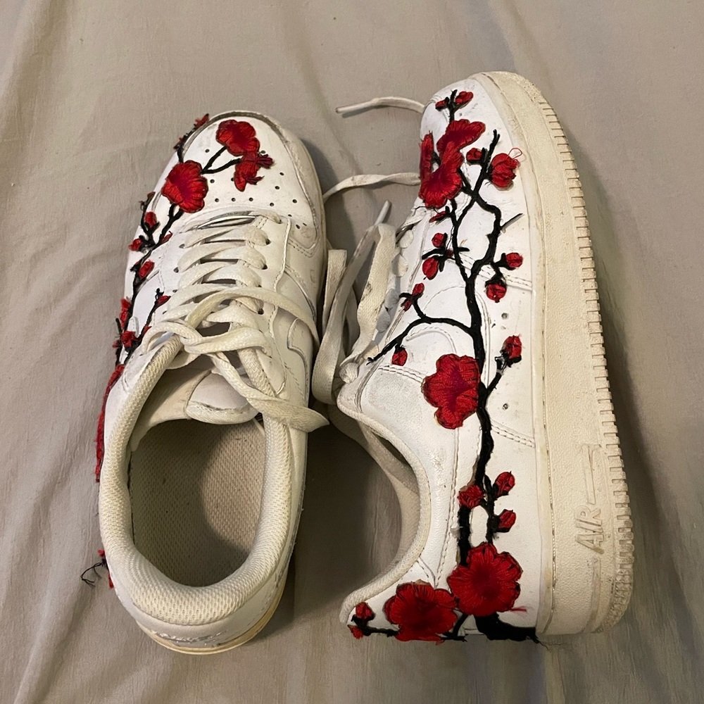 Custom Nike Air Forces with Red Cherry Blossoms